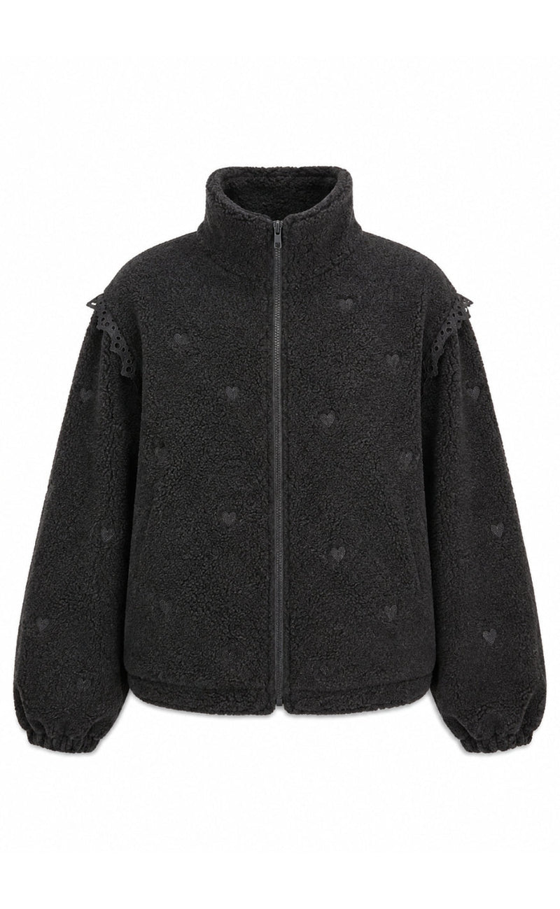 Say INA Copenhagen Fleece Jakke - Fia - Black W. Black Embroidery Hearts