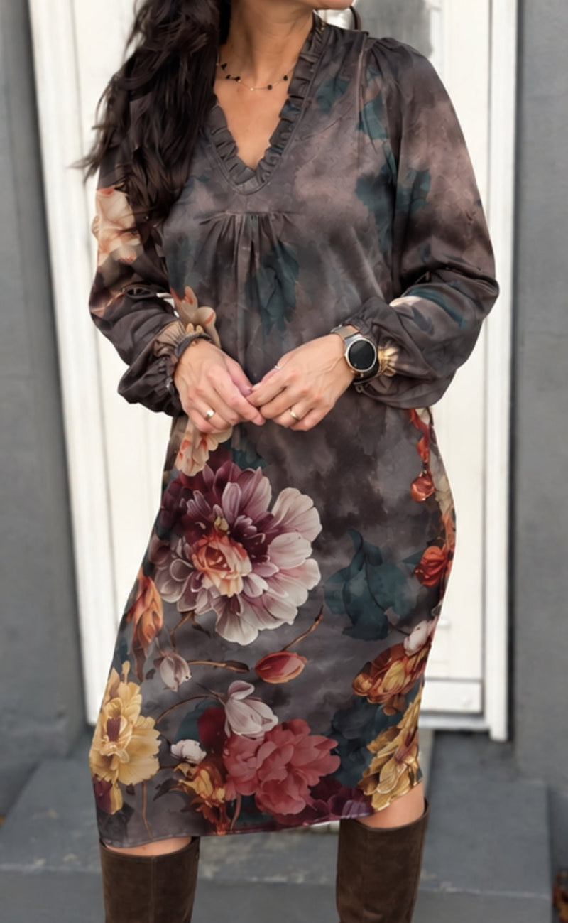 Say INA Copenhagen Kjole - Katiah LS - Dark Grey Watercolours W. Flowers