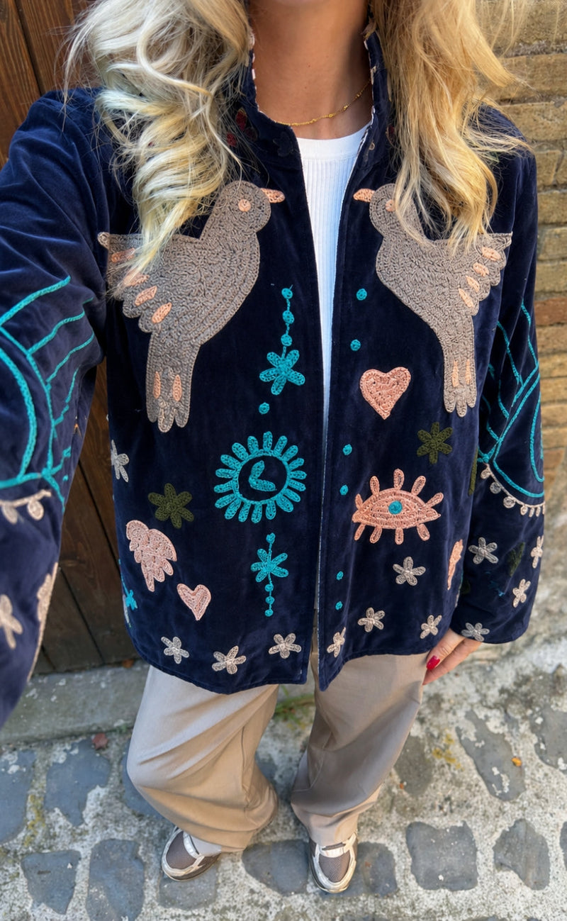 Say INA Copenhagen Jakke - Abella - Navy Blue Velvet w. Birds Embroidery