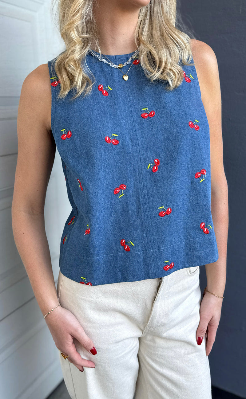 INA Copenhagen Topp - Naja - Denim Blue w. Cherries