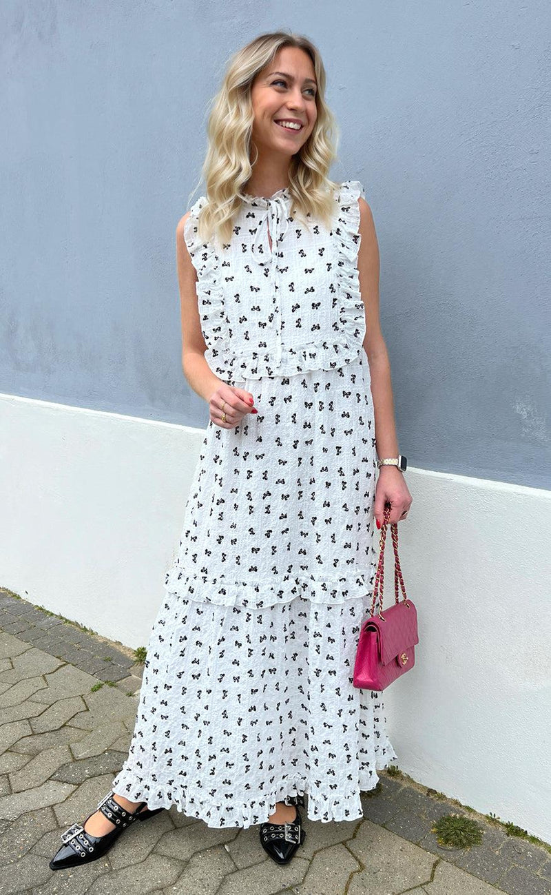 INA Copenhagen Kjole - Lilja Bow Dress - White w. Black Bows
