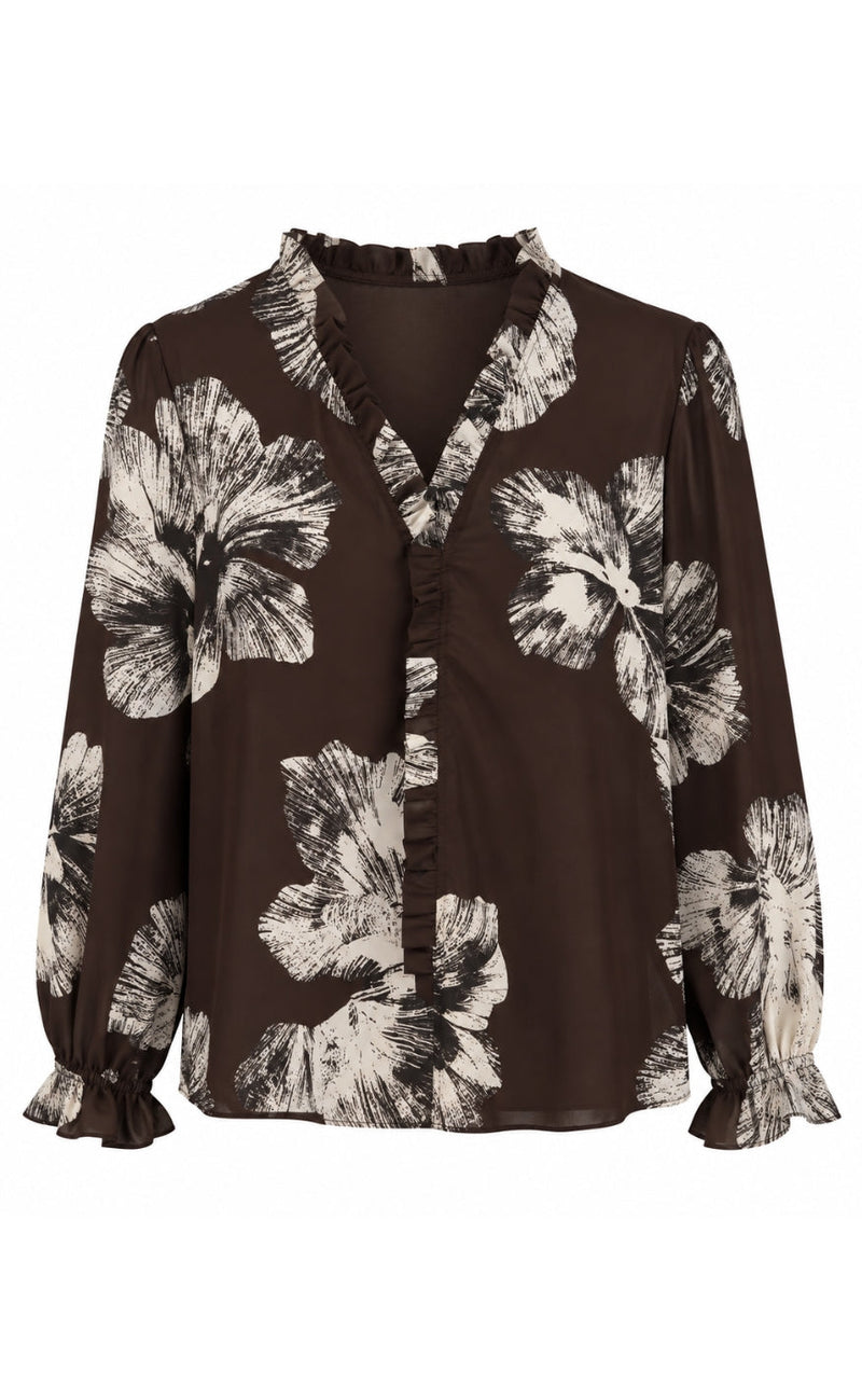 Say INA Copenhagen Bluse - Catja - Dark Brown W. Big Flowers