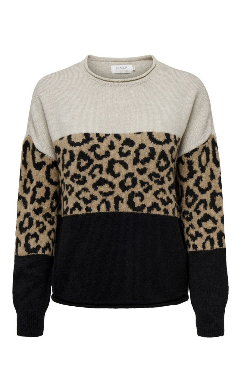 ONLY Genser - Jade Animal LS O-Neck - Moonbeam Black/Toasted Coconut