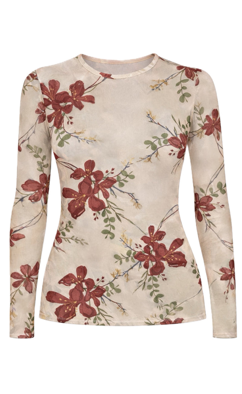 Say INA Copenhagen Bluse - Sophia Mesh - Creme W. Burgundry Flowers