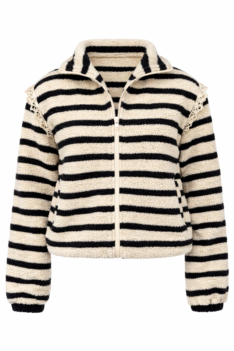 Say INA Copenhagen Fleece Jakke - Fia - Beige W. Black Stripes