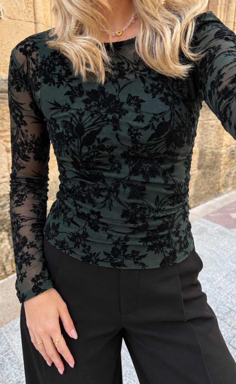 Say INA Copenhagen Bluse - Sophia Mesh - Petrol Green W. Black Flowers