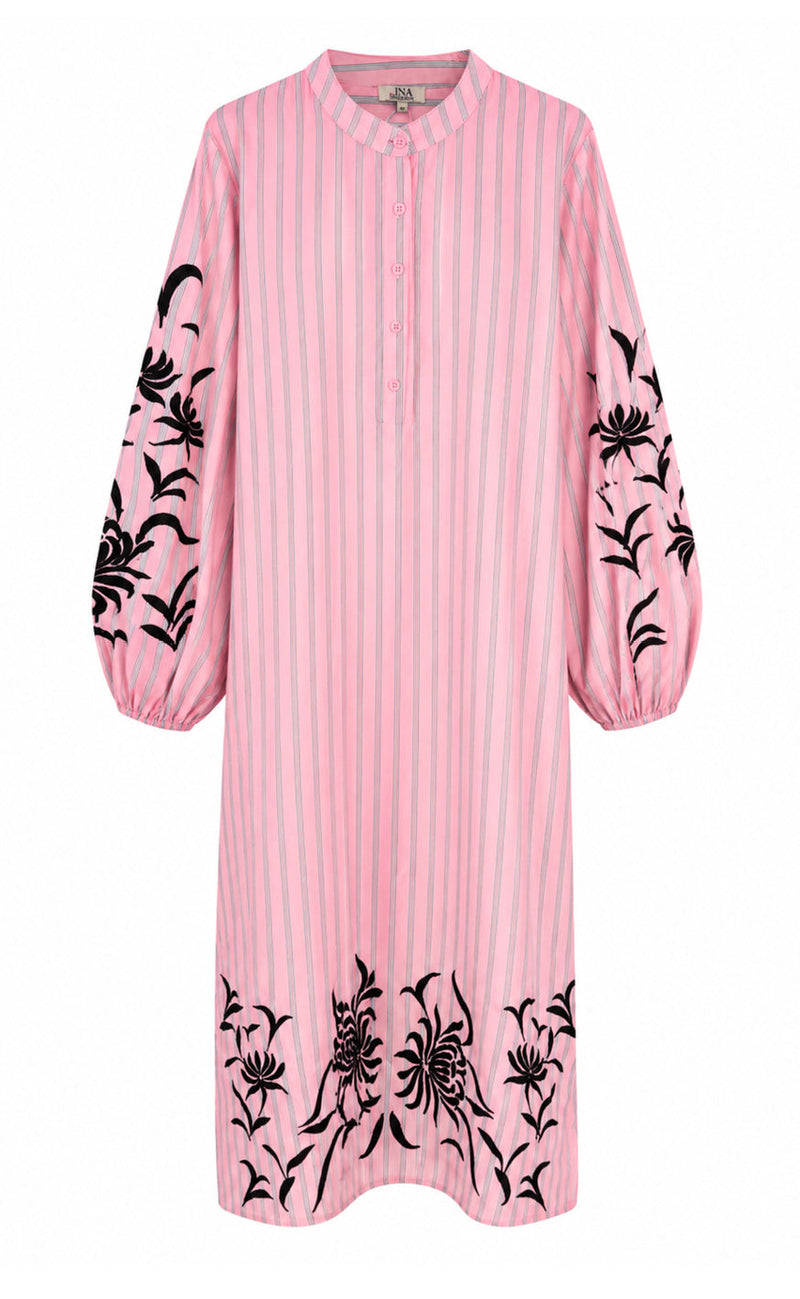 Say INA Copenhagen Kjole - Tilde Long - Pink Striped W. Embroidery