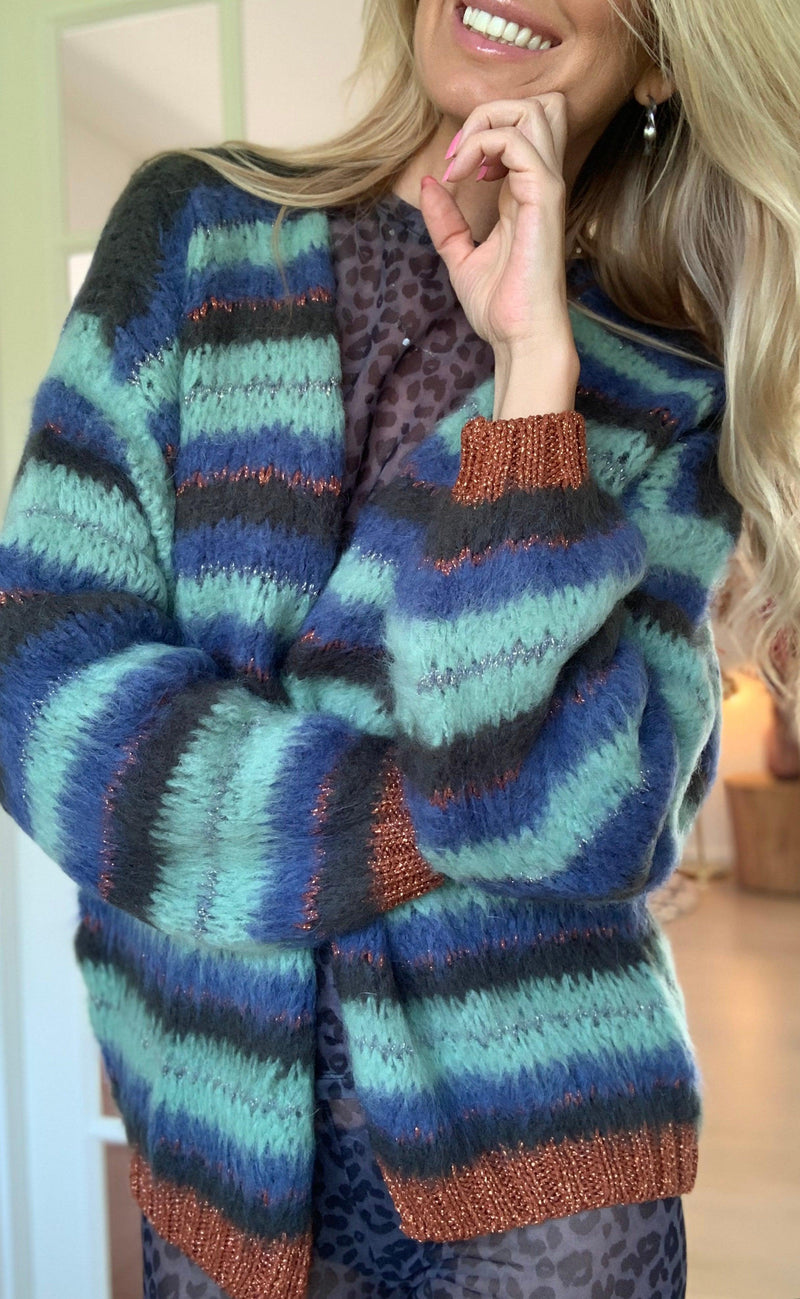 Black Colour Cardigan - Teresa Striped Knit - Green