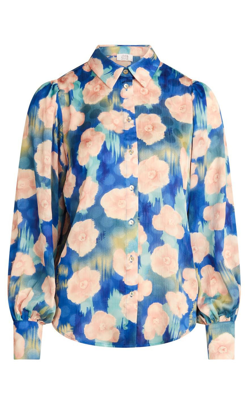 Love & Divine Bluse - Love562-3 - Blue/Rose Flower