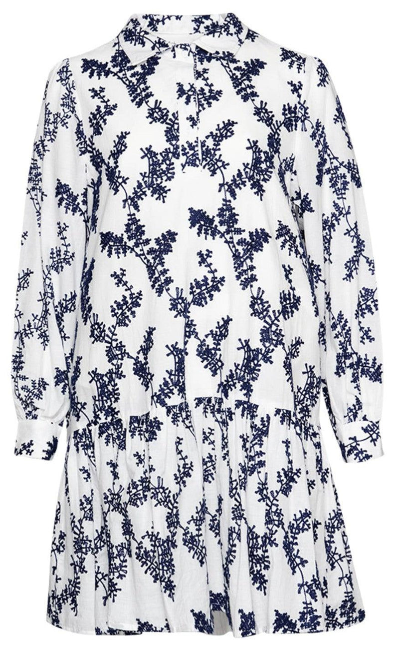 Noella Kjole - Frilla - White/Navy Embrodery
