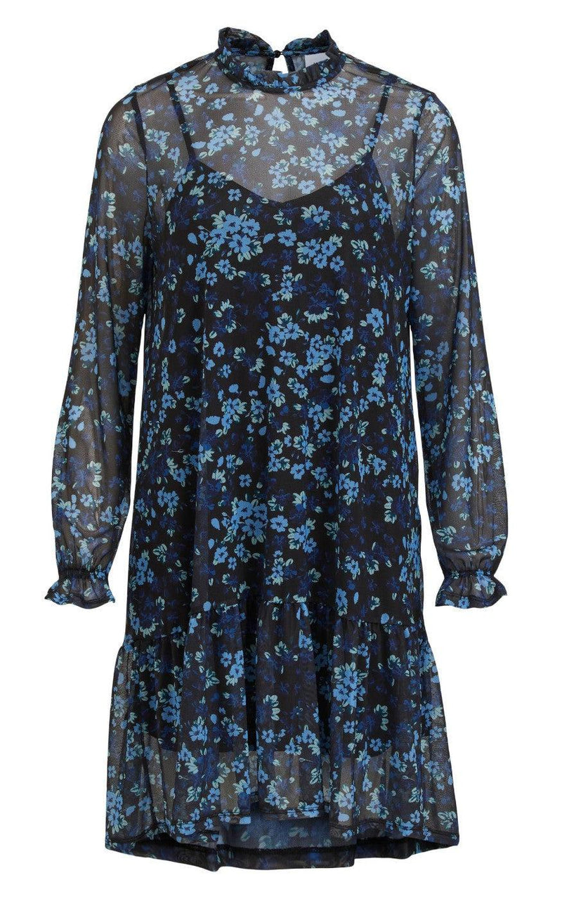 VILA Kjole - Highneck Mesh - Black / Flower Print