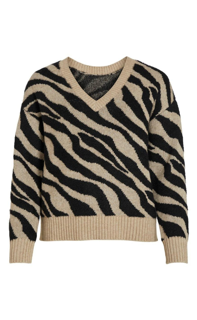 VILA Striktrøje - Ril Feami - Natural Melange W. Black