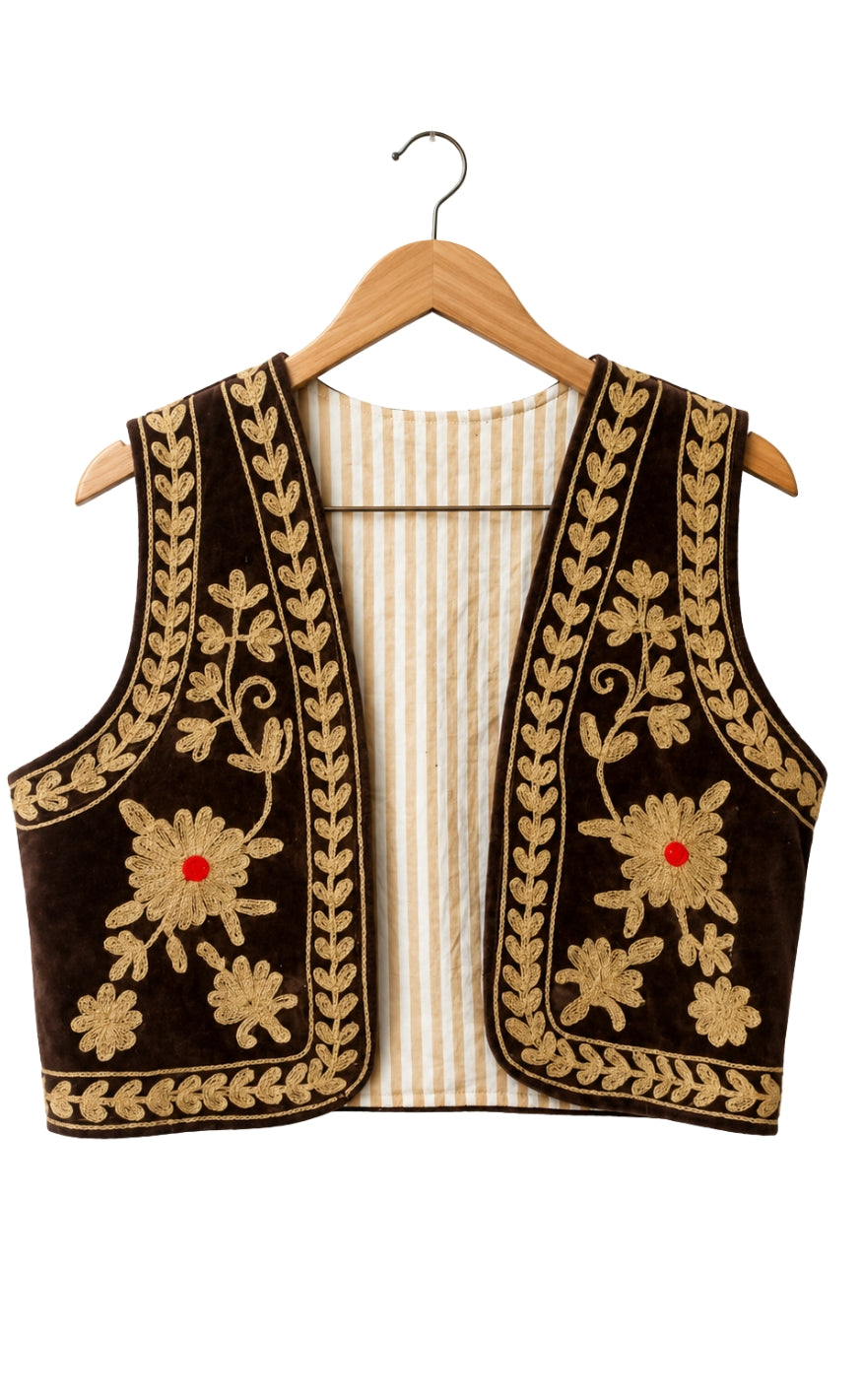 Say INA Copenhagen Vest - Abella - Dark Brown Velvet w. Yellow Flower Embroidery