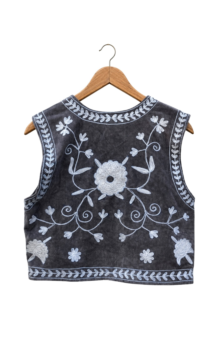 Say INA Copenhagen Vest - Abella - Dark Blue Velvet W. Light Blue Embroidery