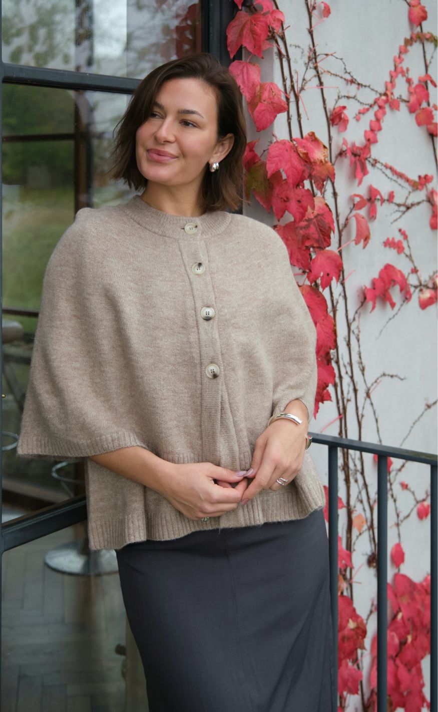 Neo Noir Cardigan - Josei Double Knit Cape - Beige Melange