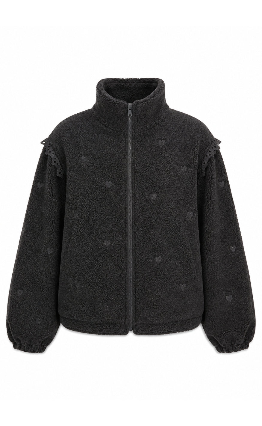 Say INA Copenhagen Fleece Jakke - Fia - Black W. Black Embroidery Hearts