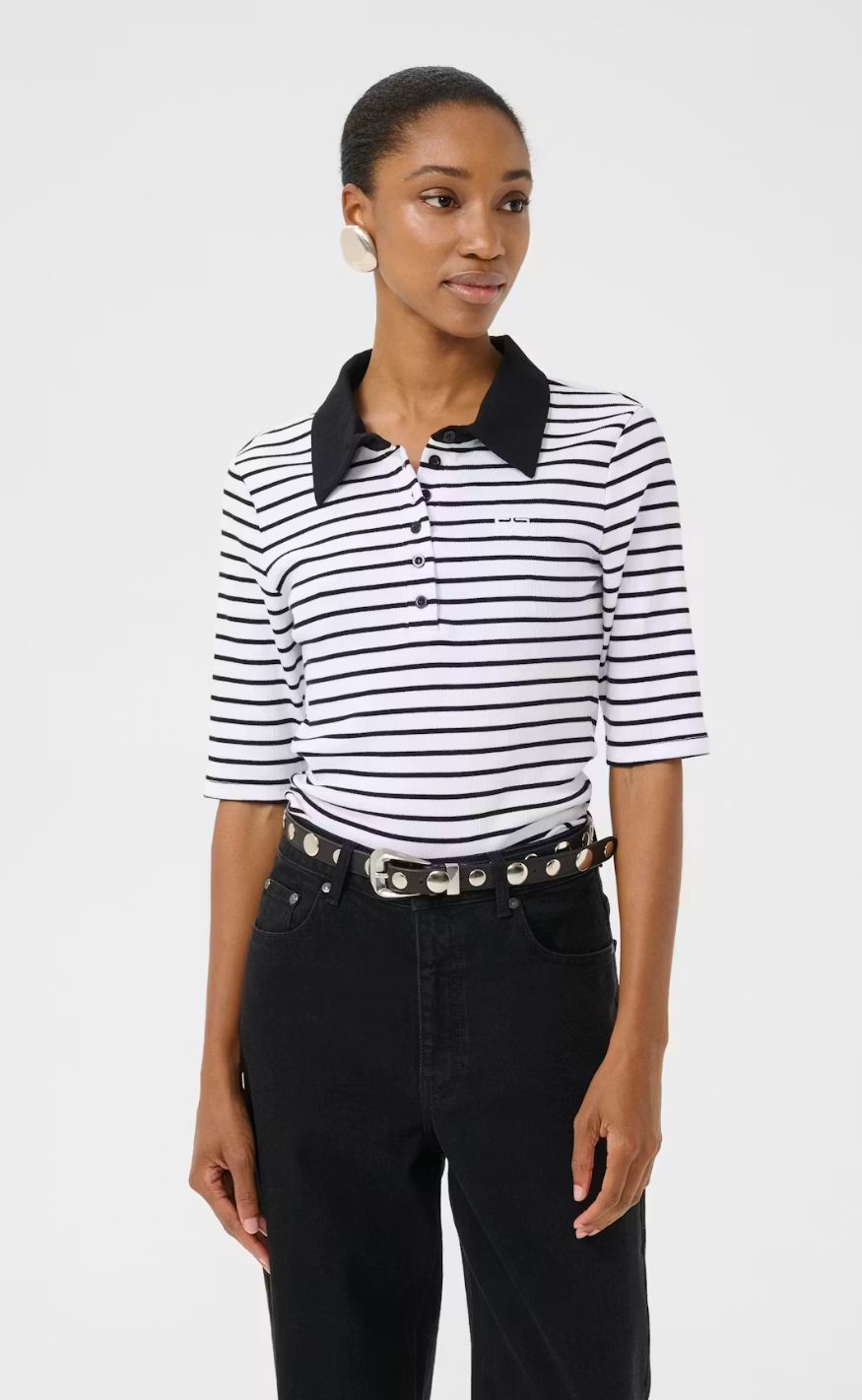 Gestuz Topp - Drew Polo Striped - Bright White / Black striped