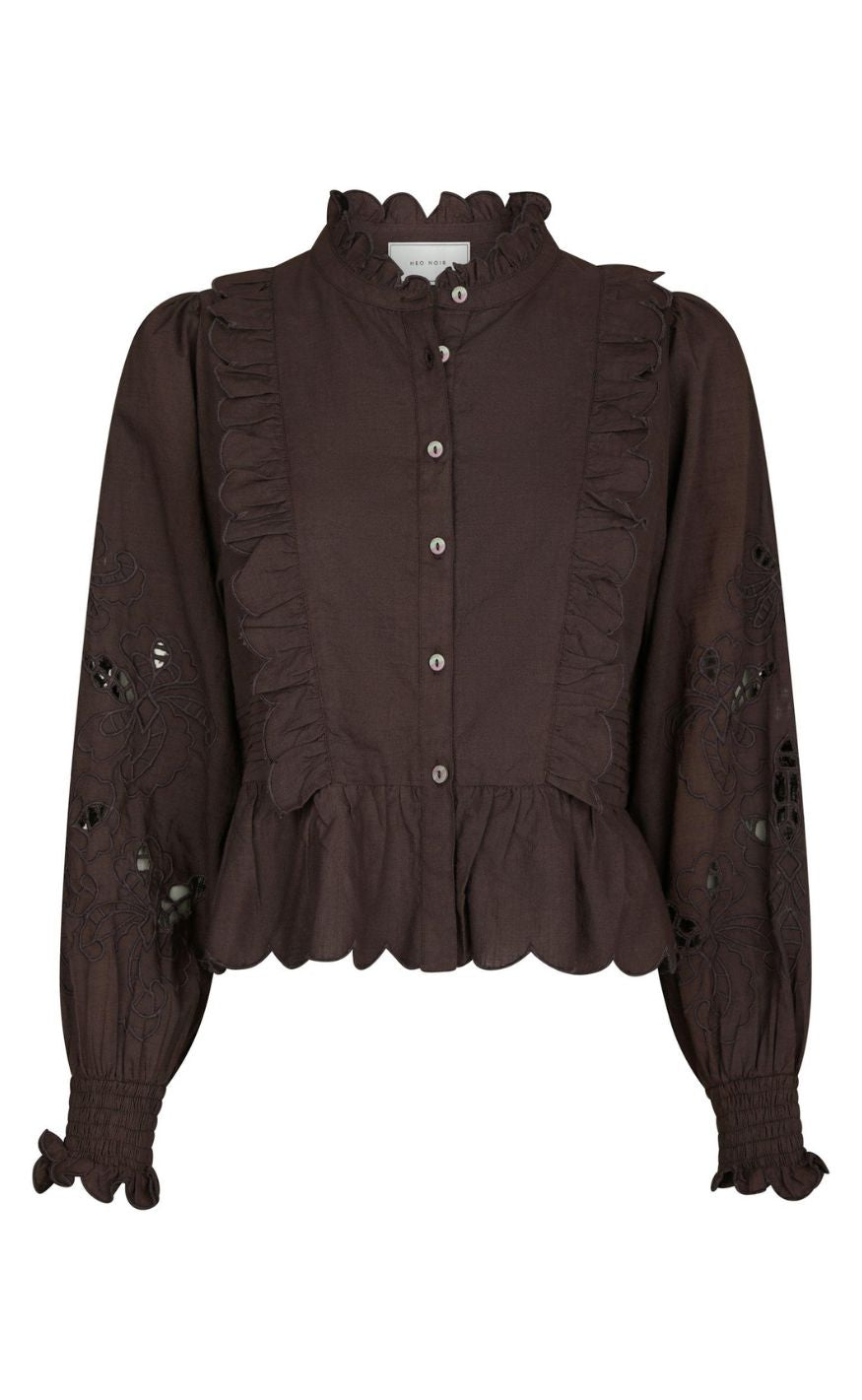 Neo Noir Bluse - Petrine Embroidery - Dark Brown