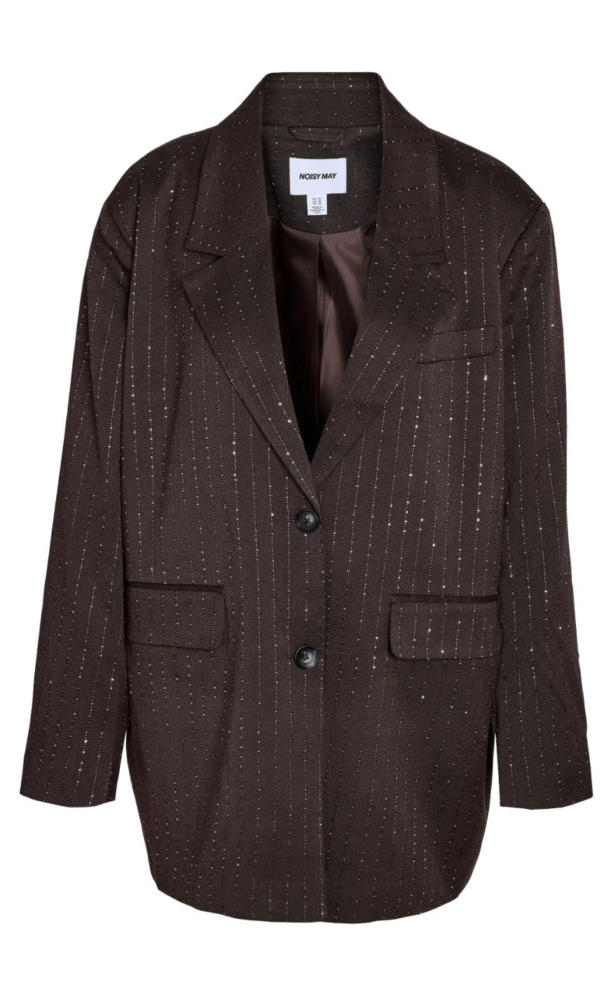 Noisy May Blazer - Celia Rhinestone - Chocolate Brown/Sequin Pinstripe