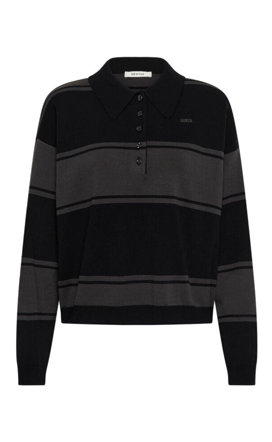 Gestuz Pullover - Silda Polo - Black/Raven striped