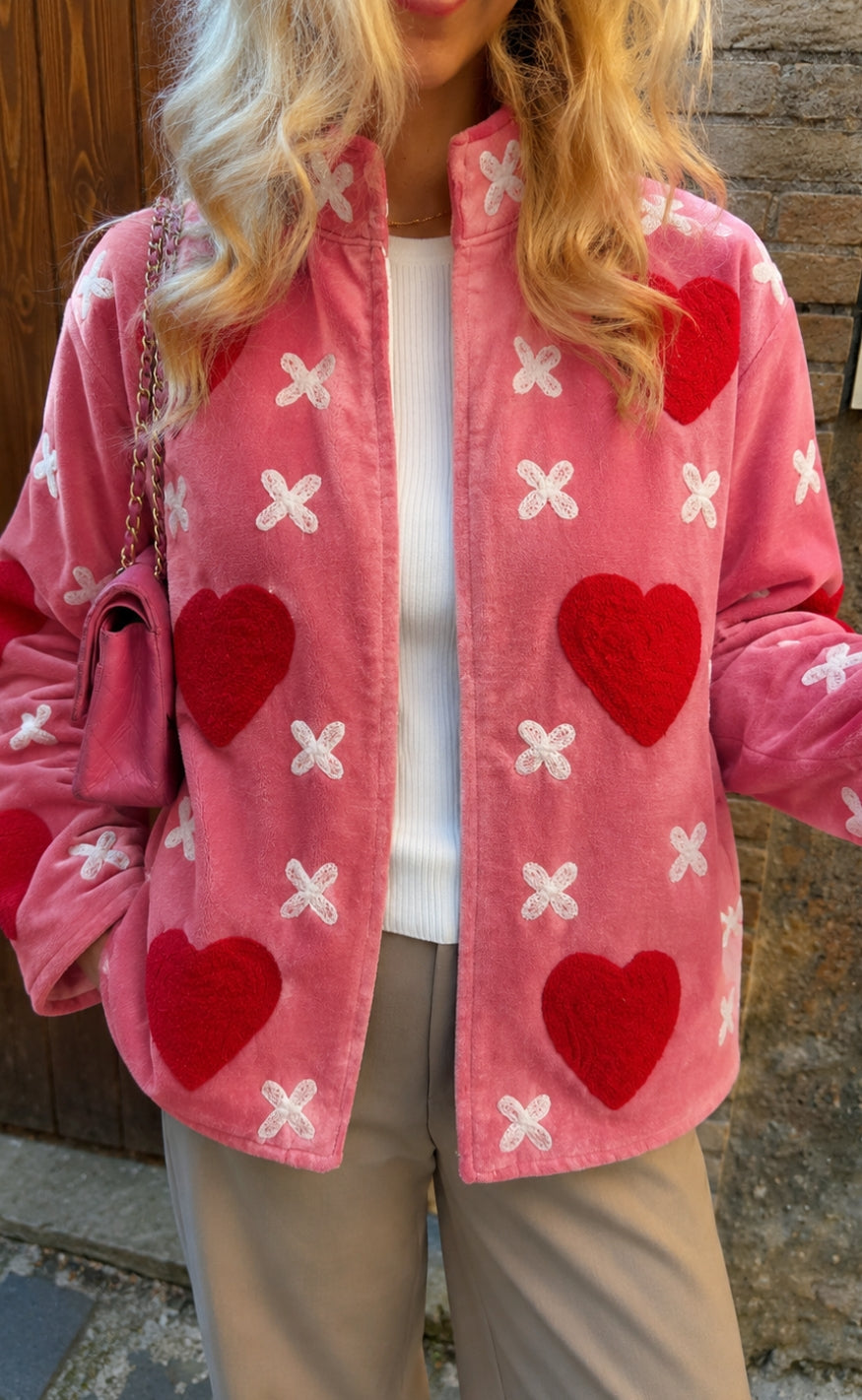 Say INA Copenhagen Jakke - Abella - Pink Velvet w. Hearts Embroidery