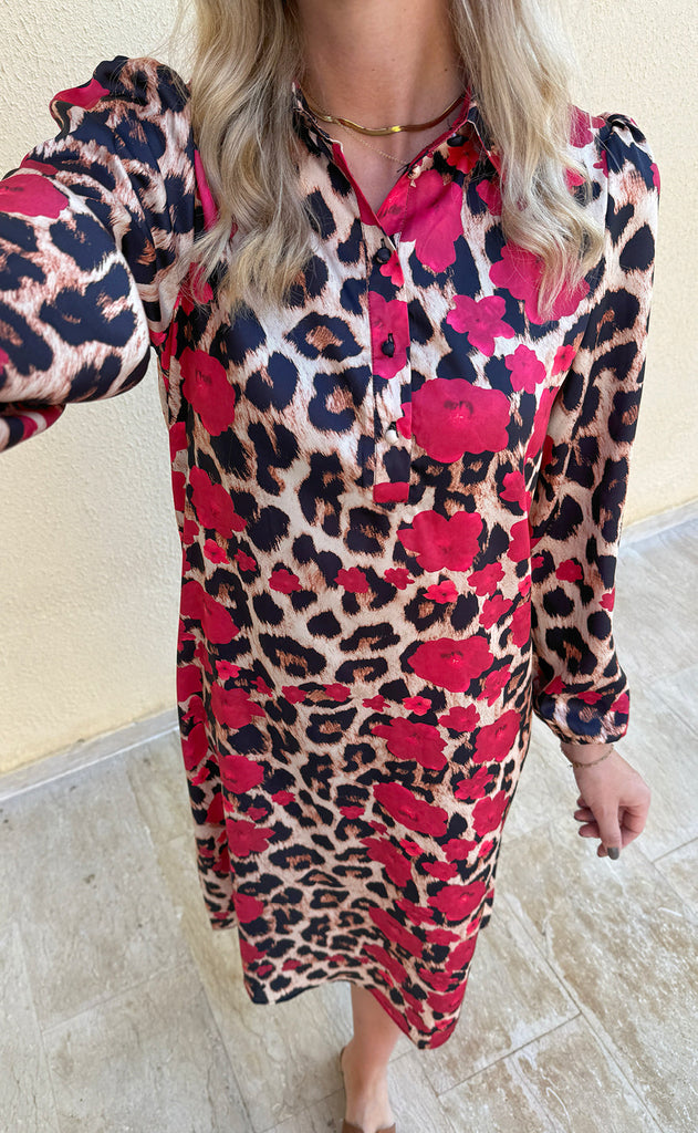 INA Copenhagen Kjole - Celeste LS - Leopard / Red Flowers
