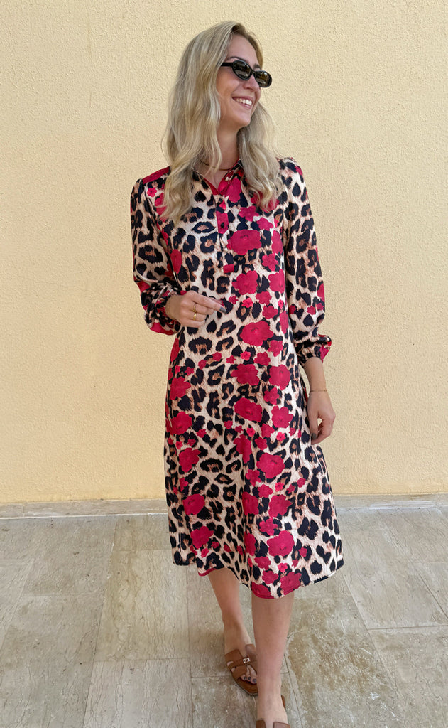 INA Copenhagen Kjole - Celeste LS - Leopard / Red Flowers