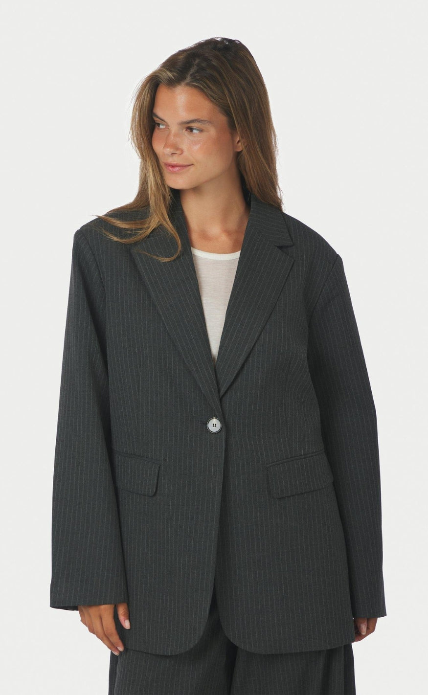 Neo Noir Blazer - Aarielle Slim Pinstripe - Dark Grey Melange