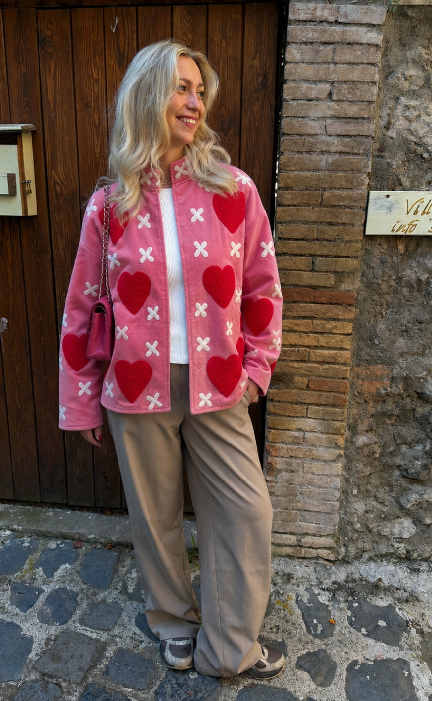 Say INA Copenhagen Jakke - Abella - Pink Velvet w. Hearts Embroidery