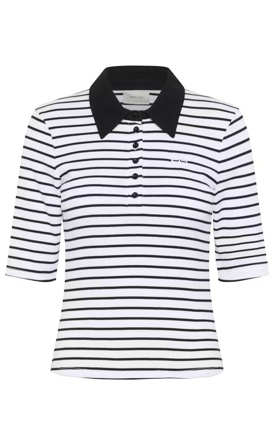 Gestuz Topp - Drew Polo Striped - Bright White / Black striped