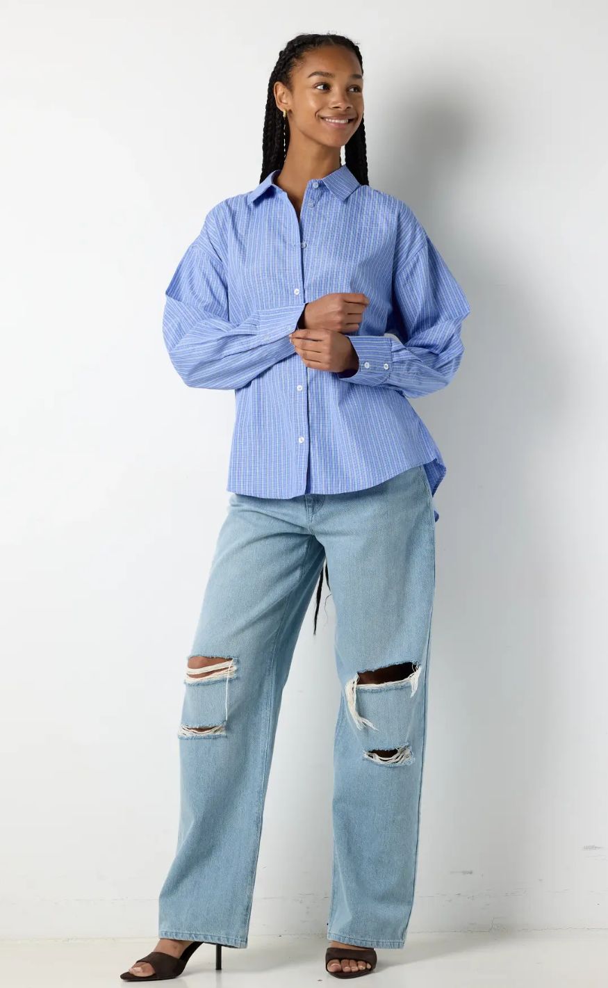 Noisy May Skjorte - Frida L/S button Tie Back -  Blue Bell White