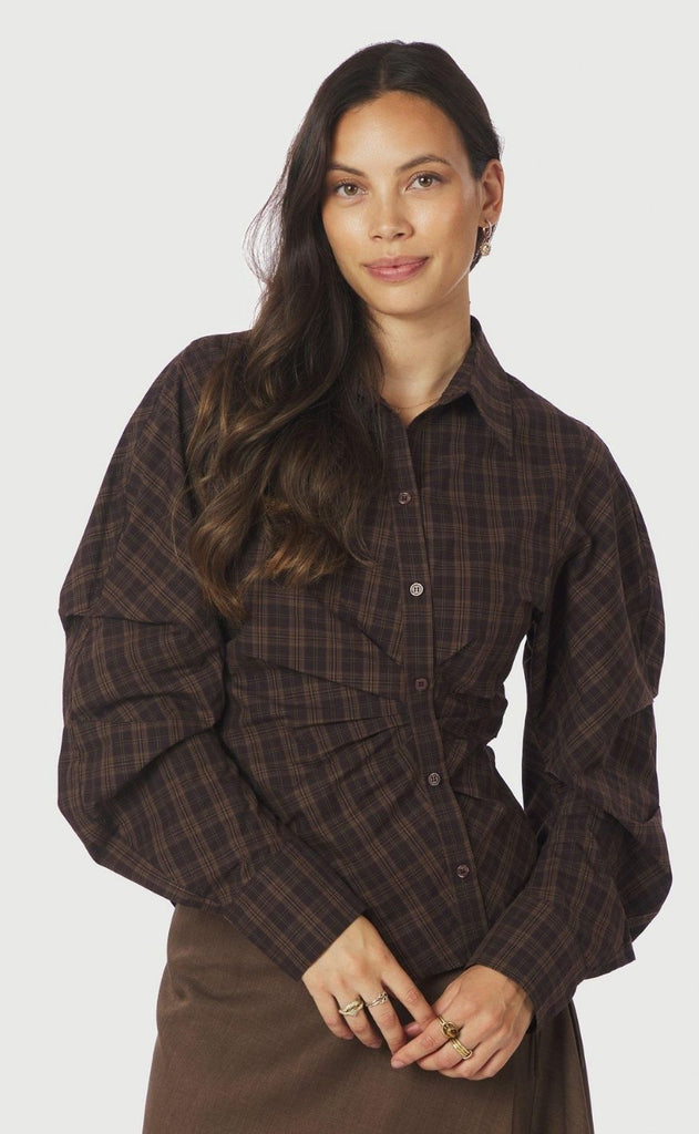 Neo Noir Bluse - Neoella Check - Dark Brown