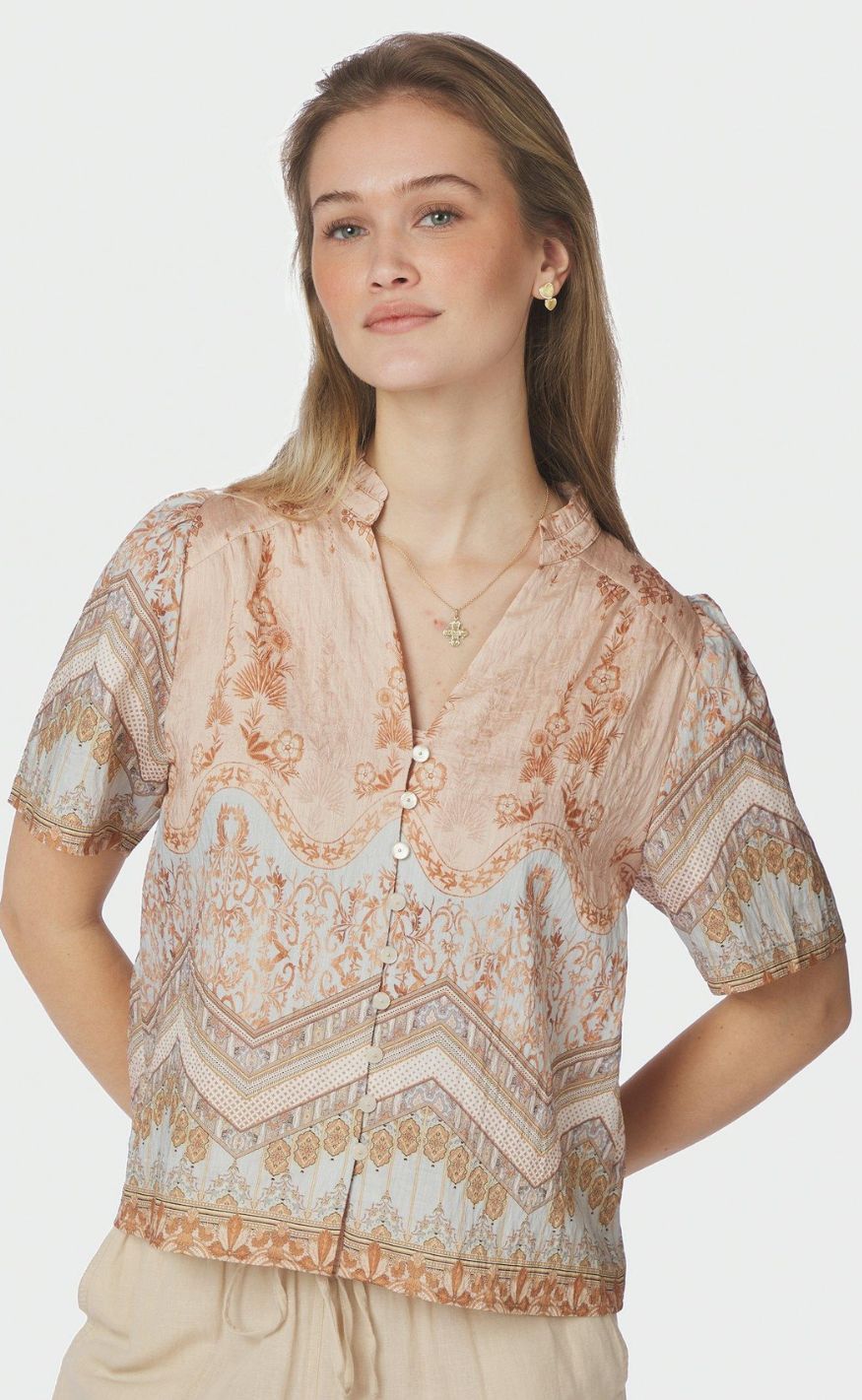 Neo Noir Bluse - Torana Flower Border - Flower Peach