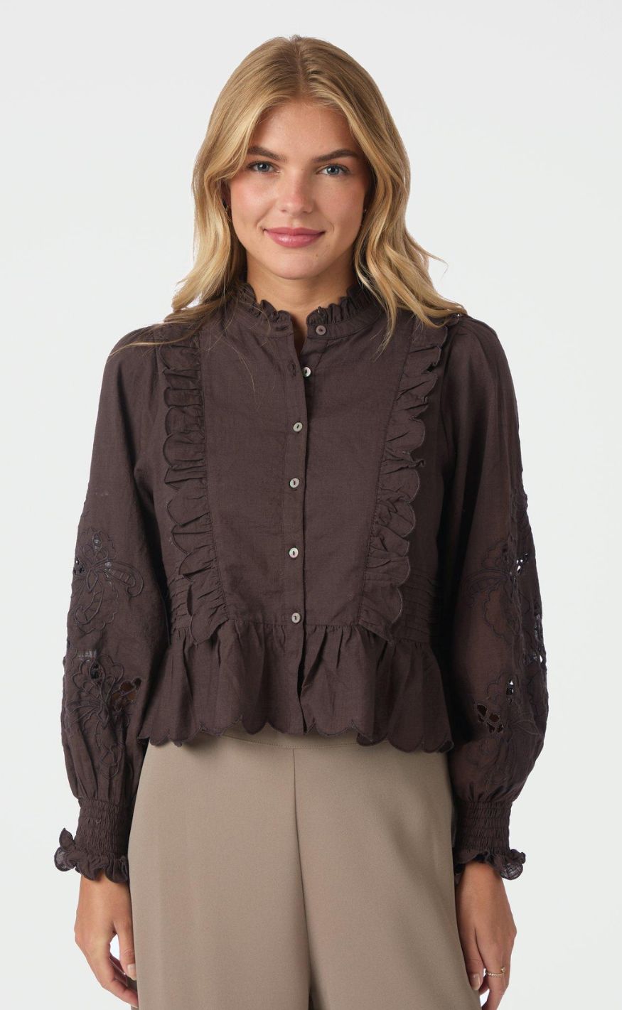 Neo Noir Bluse - Petrine Embroidery - Dark Brown