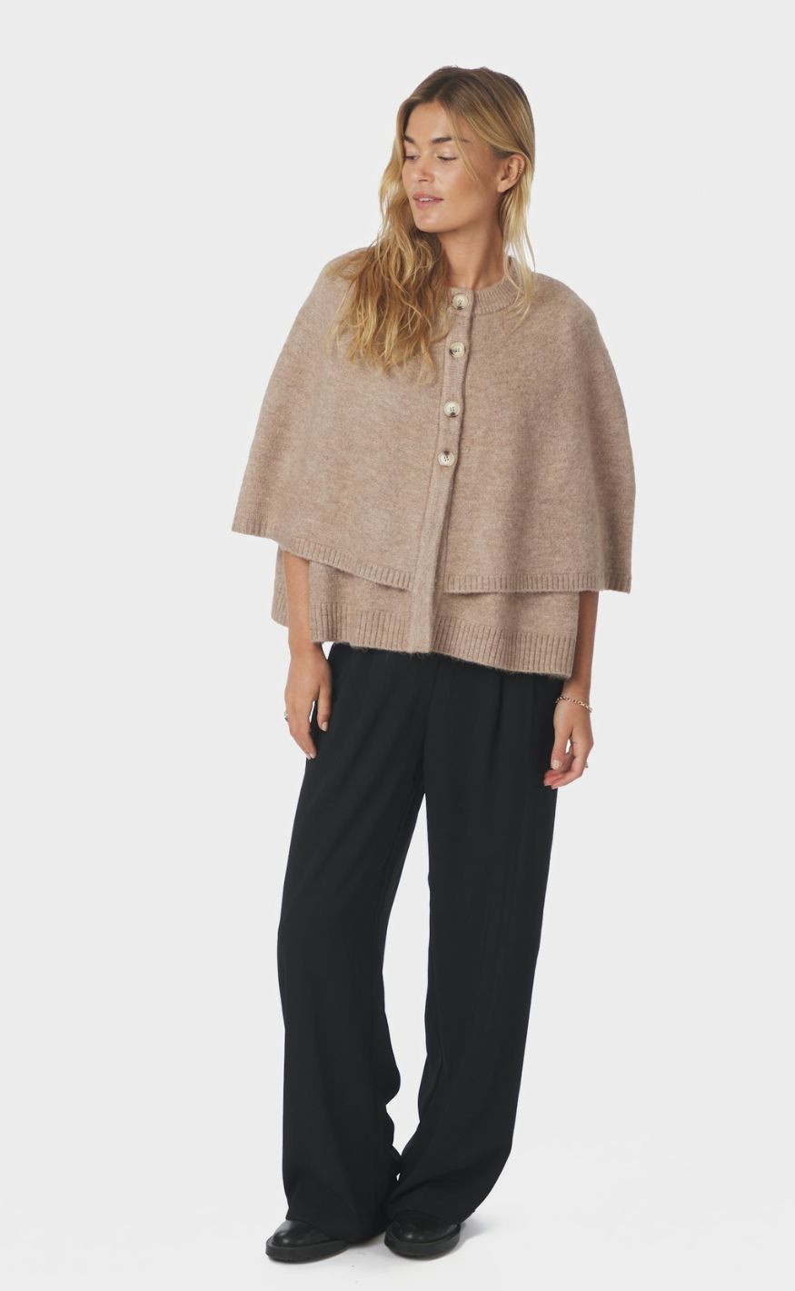 Neo Noir Cardigan - Josei Double Knit Cape - Beige Melange