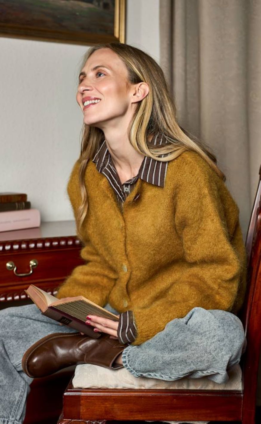 Black Colour Cardigan - Bjoerk Patent Knit - Mustard