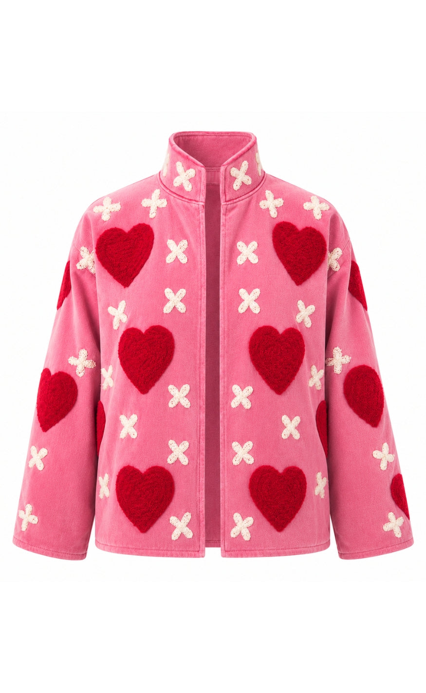 Say INA Copenhagen Jakke - Abella - Pink Velvet w. Hearts Embroidery