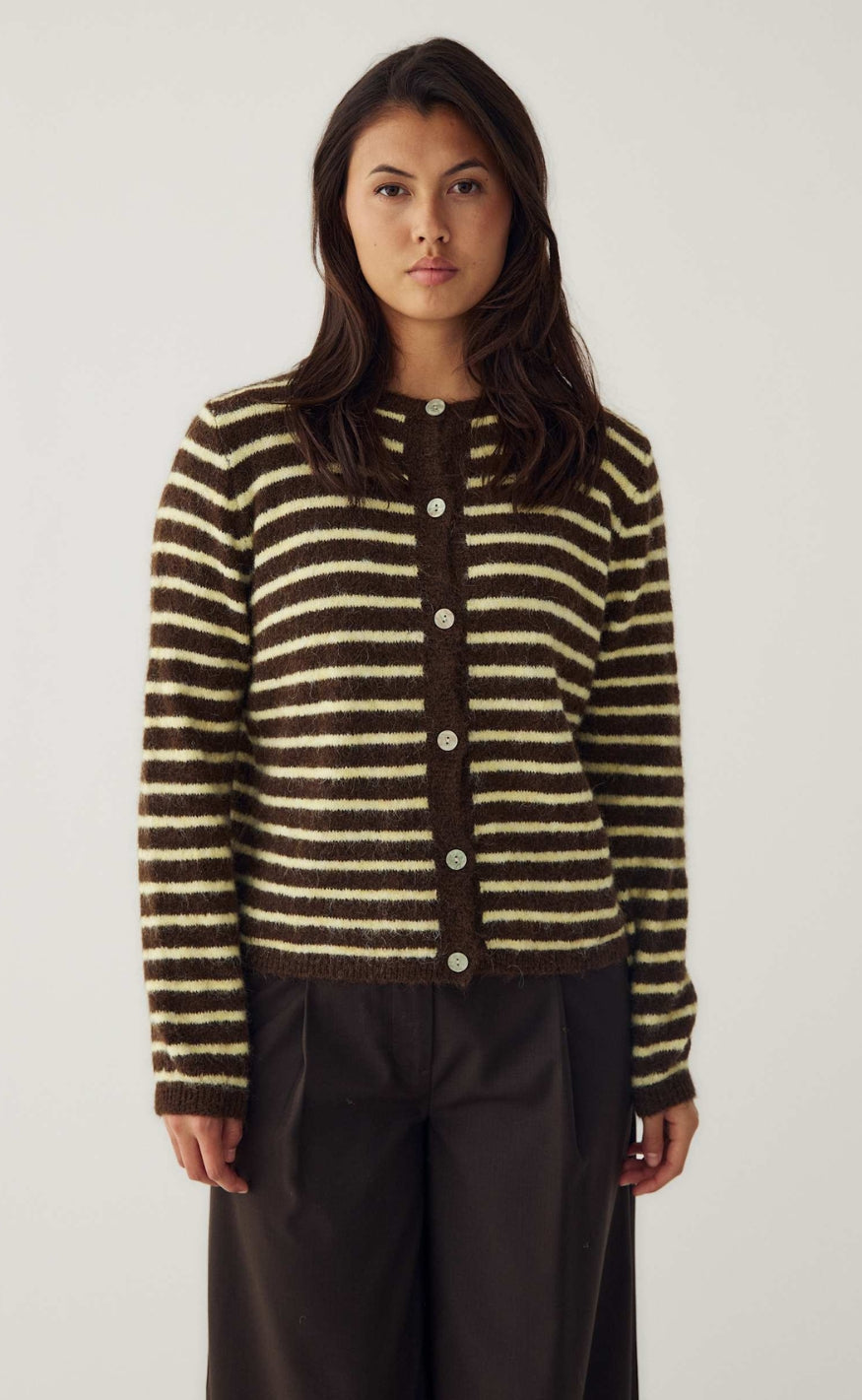 Noella Cardigan - N-Mertice Knit - Brown Yellow Stripe