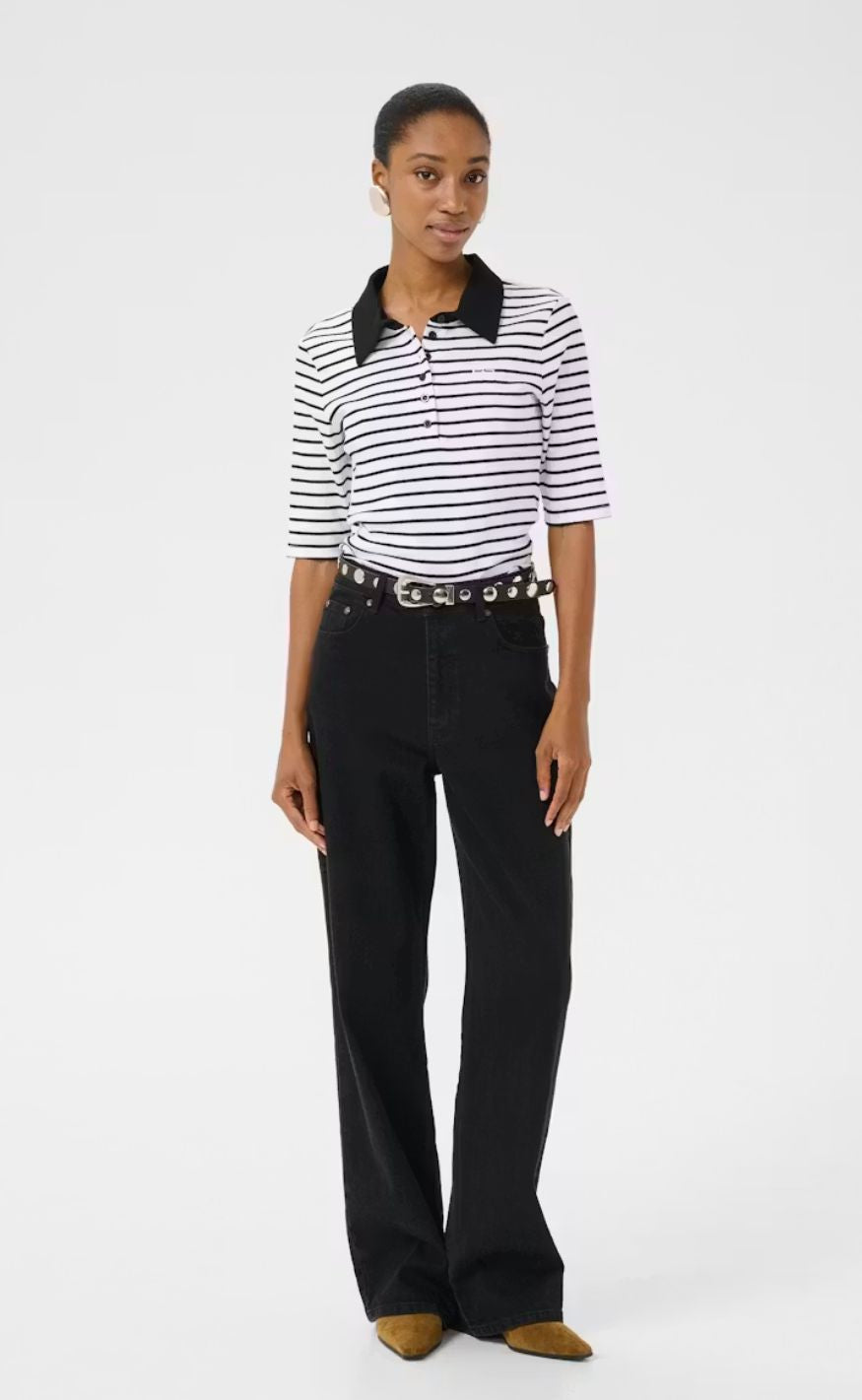 Gestuz Topp - Drew Polo Striped - Bright White / Black striped