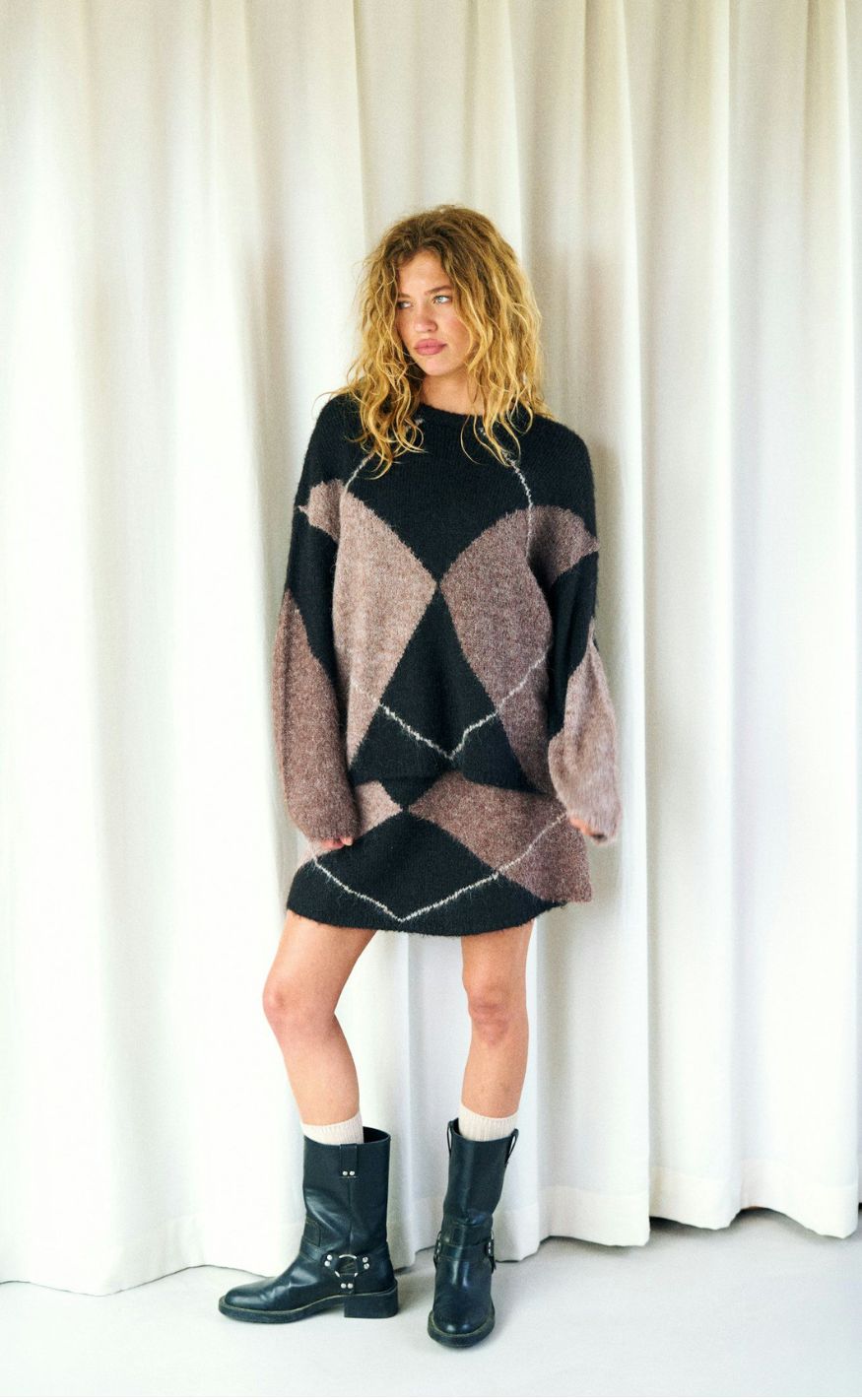 Neo Noir Skjørt - Gisa Check Fluff Knit - Dark brown