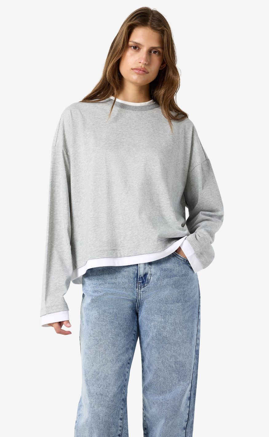 Noisy May Bluse - Ember - Light Grey Melange/White Double
