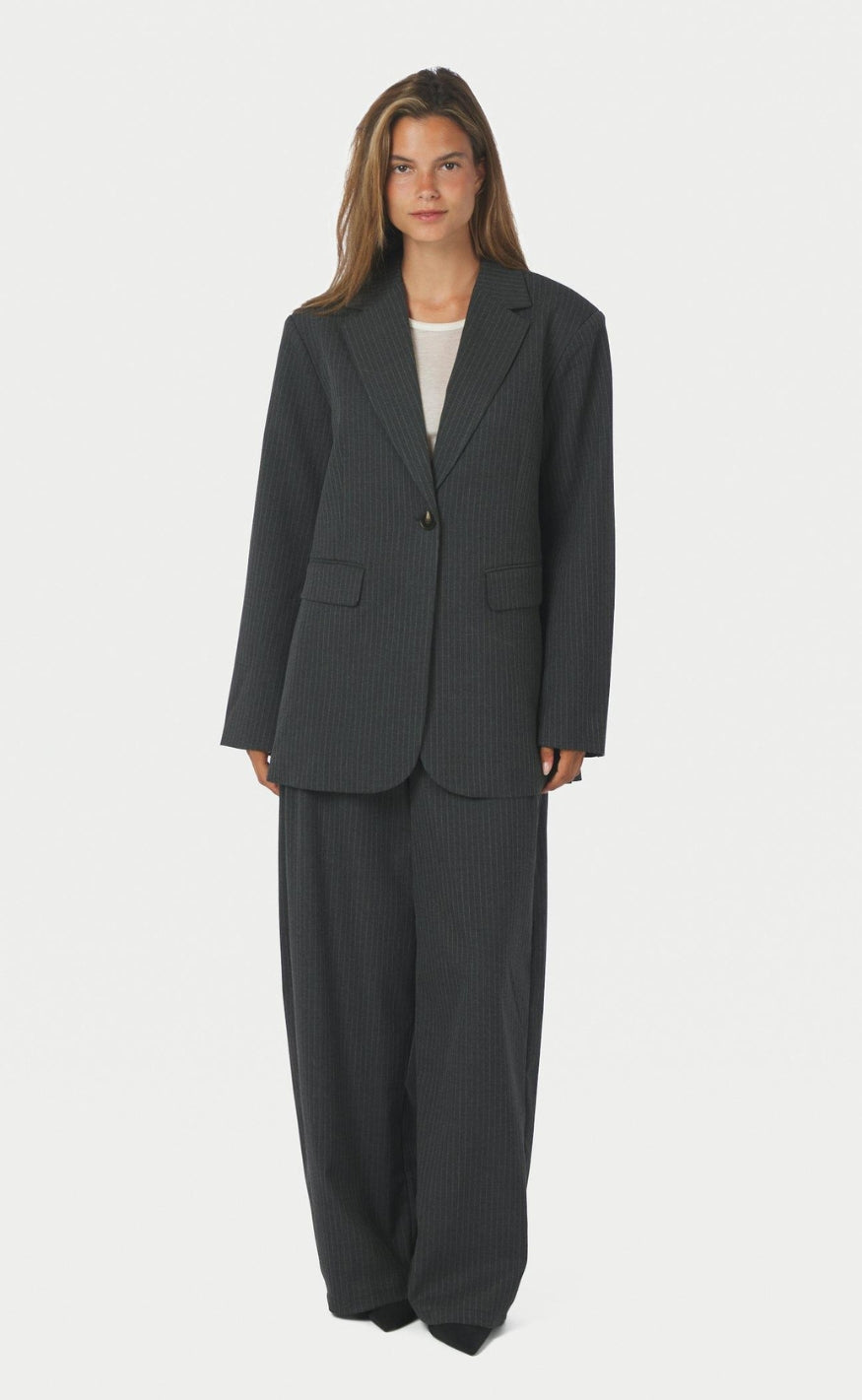 Neo Noir Blazer - Aarielle Slim Pinstripe - Dark Grey Melange