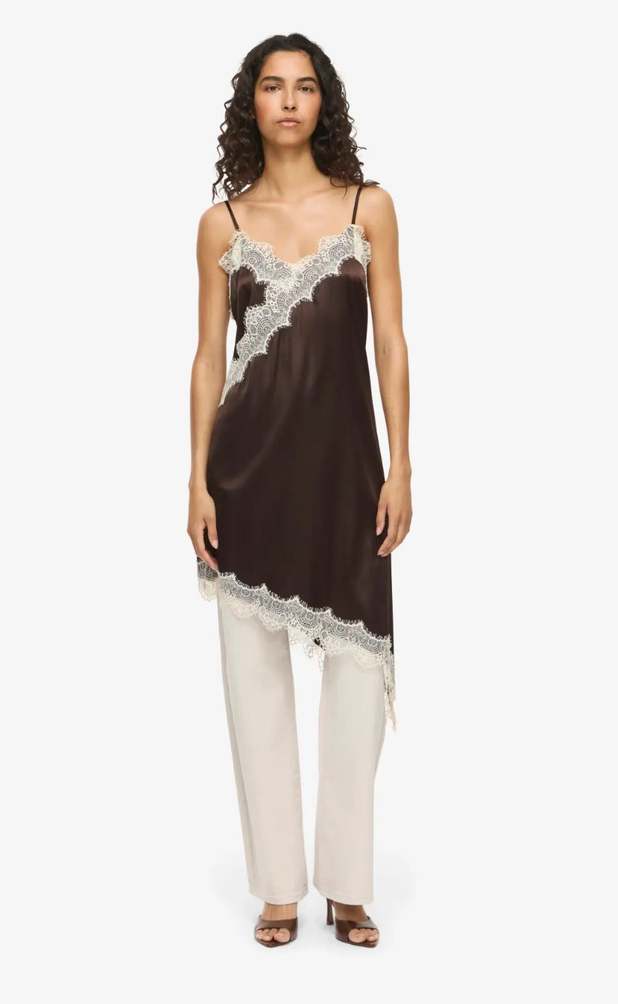 Noisy May Kjole - Sofie Satin - Chocolate Brown/Birch Lace
