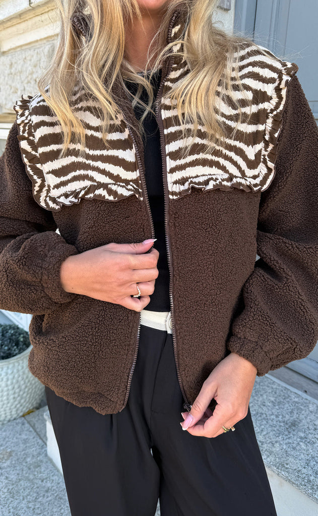 Say INA Copenhagen Fleece Jakke - Fia - Dark Brown W. Zebra
