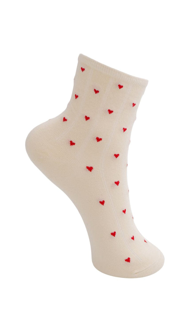 Black Colour Strømper - Alea - Creme W. Red Hearts