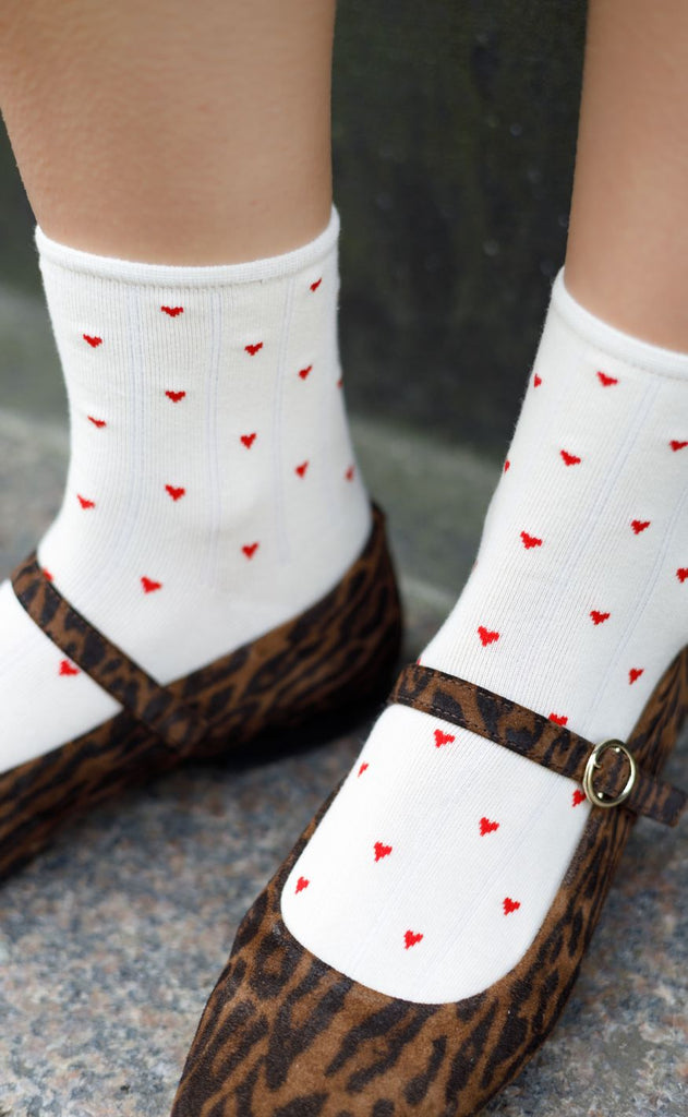 Black Colour Strømper - Alea - Creme W. Red Hearts