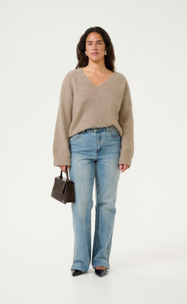 Gestuz Pullover - Alpha V-Neck - Warm Sand Melange