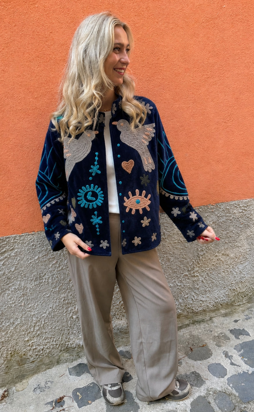 Say INA Copenhagen Jakke - Abella - Navy Blue Velvet w. Birds Embroidery