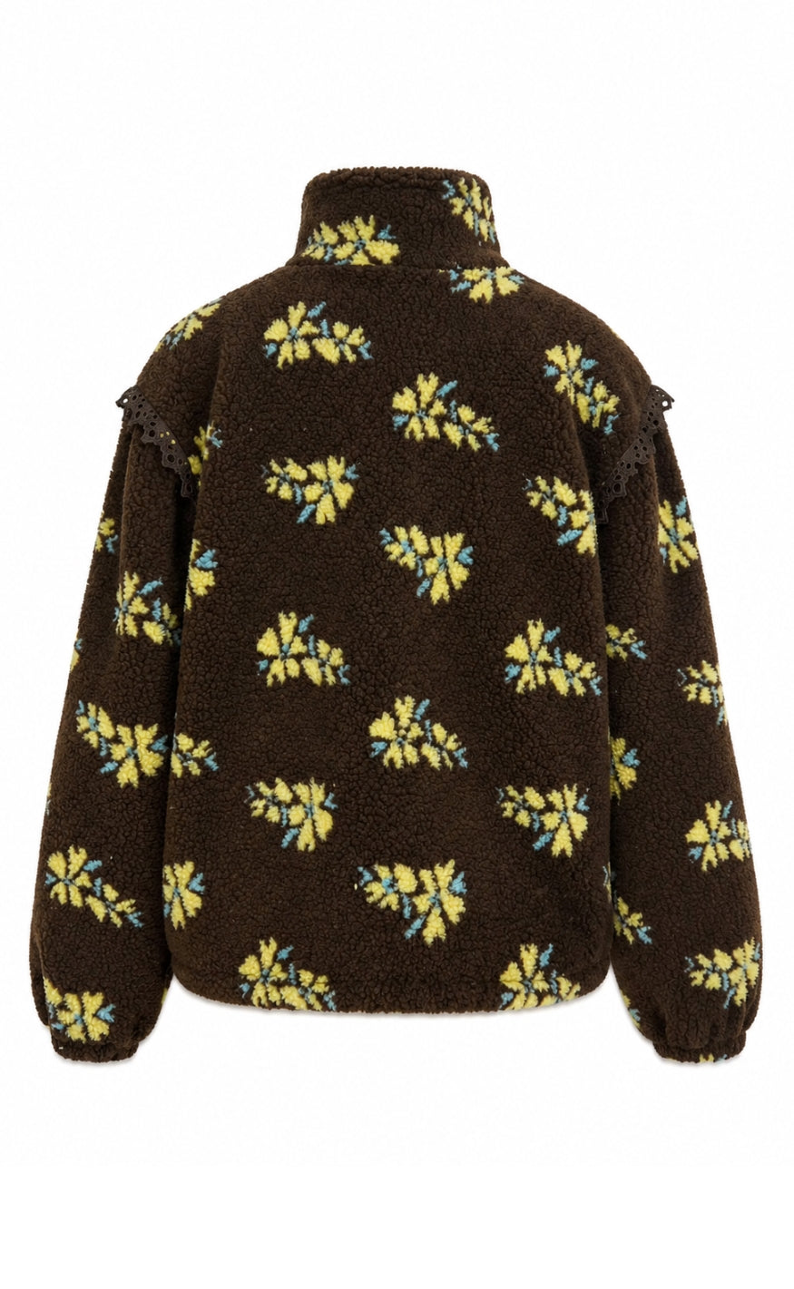 Say INA Copenhagen Fleece Jakke - Fia - Brown W. Yellow Flowers