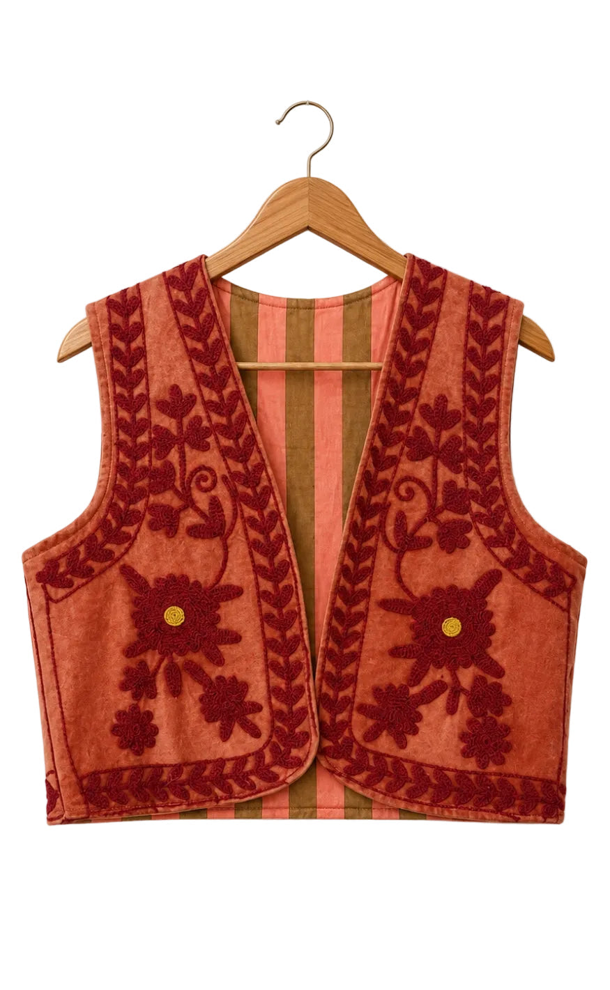 Say INA Copenhagen Vest - Abella - Orange Velvet w. Red Flower Embroidery